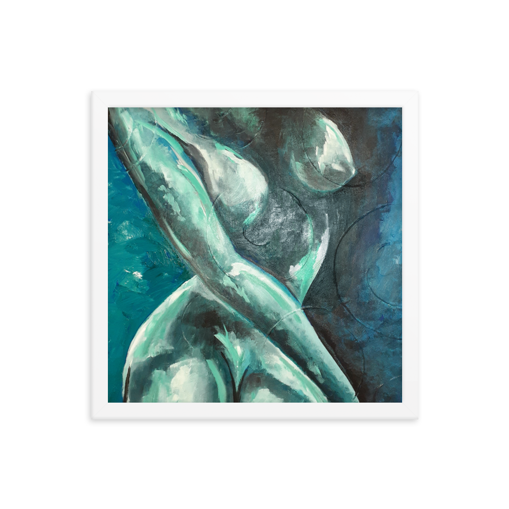 14x14 Framed print of a blue green nude figurative painting. Framed in white