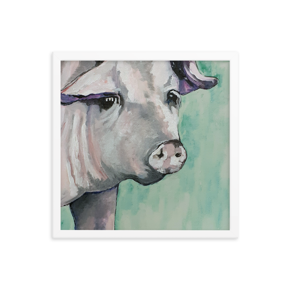 16x16 Framed print of a painting of a pig's face with a green background. Framed in white