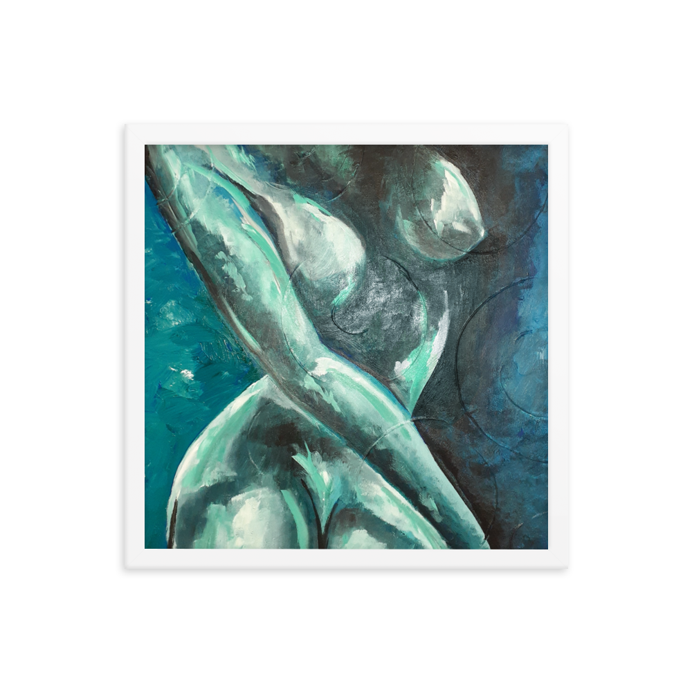 16x16 Framed print of a blue green nude figurative painting. Framed in white