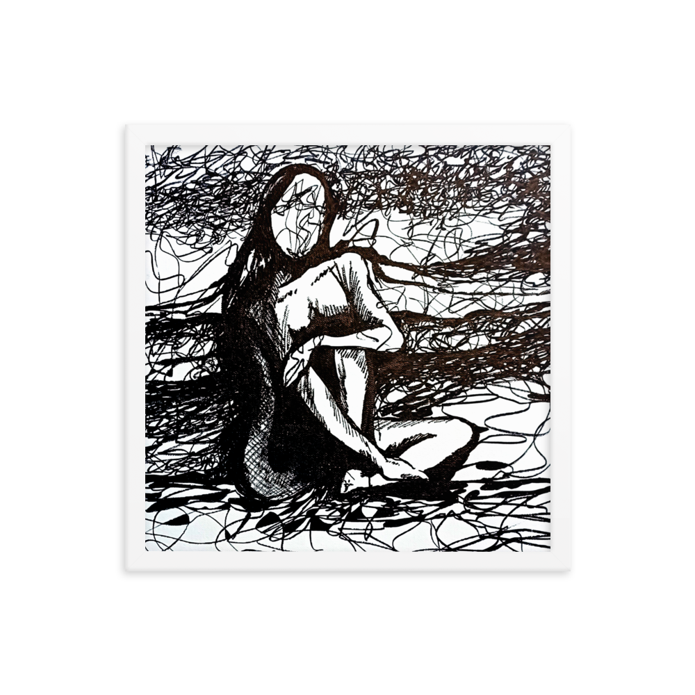 16x16 Framed print of a drawing of an expressive nude figurative woman with her arm over her knee. Framed in white