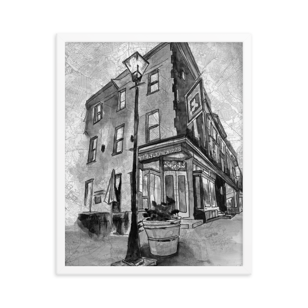 A 16" x 20" fine art print of original watercolor and Pen and Ink painting of Baltimore's "The Admiral's Cup" bar painted on a map  and framed in a simple white wooden frame