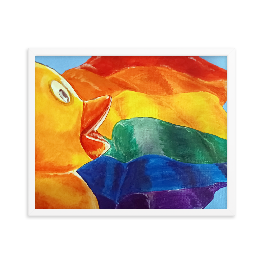 16x20 Framed print of painting of rubber duck profile in front of pride flag. Framed in white