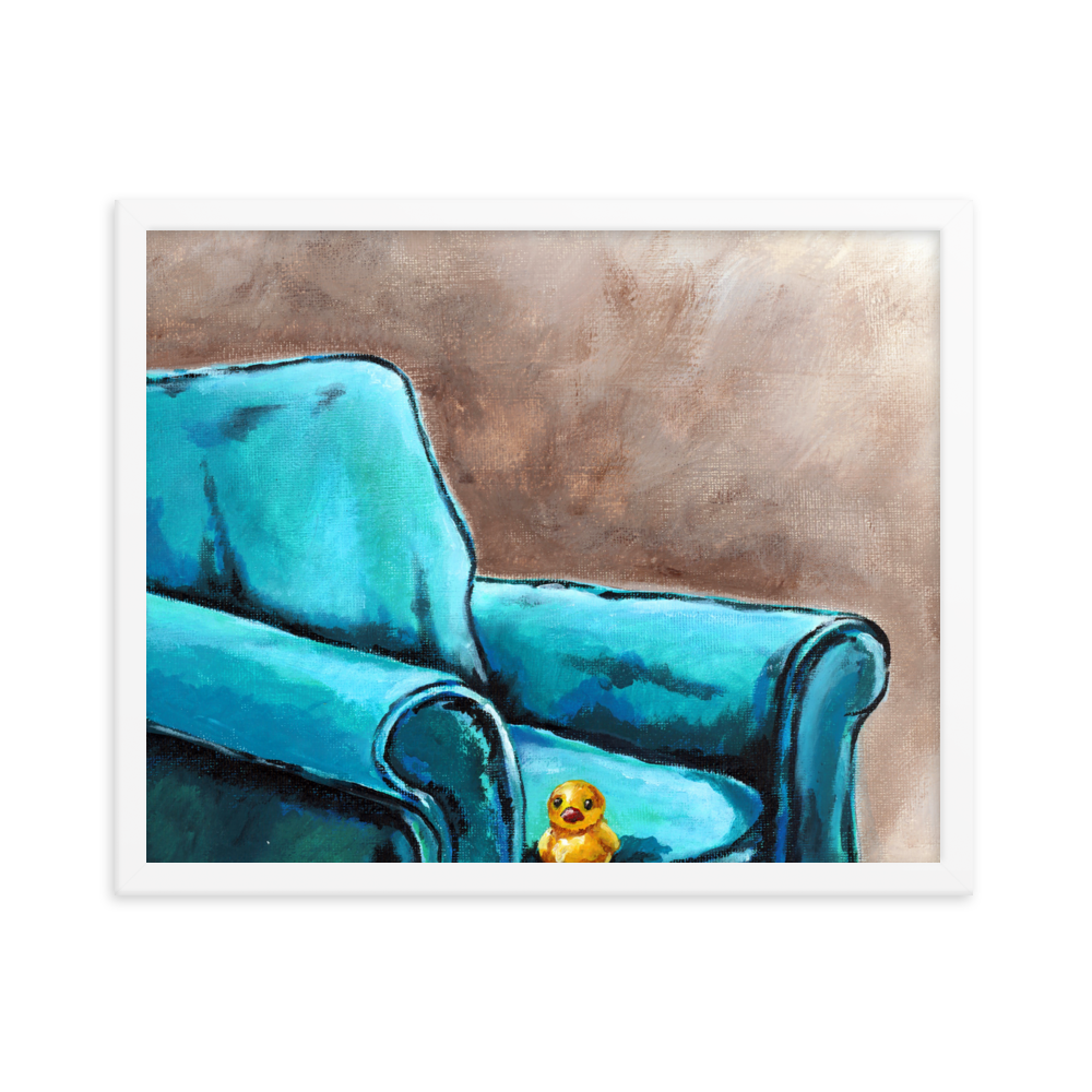 16x20 Framed print of a painting of a rubber duck sitting in a blue arm chair. Framed in white