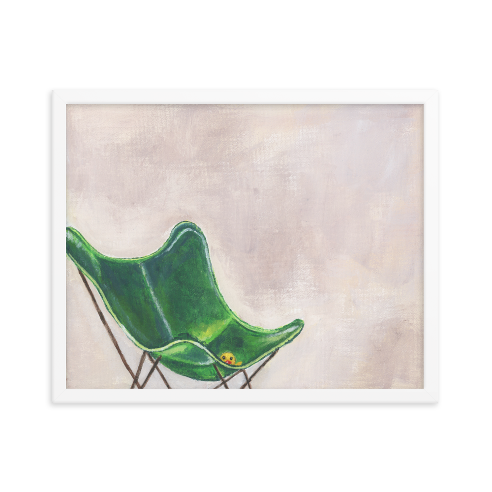 16x20 Framed print of a rubber duck sitting in a green butterfly chair. framed in white