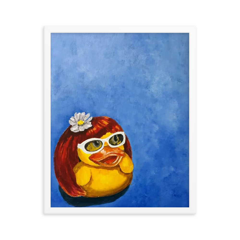 16x20 Framed print of a rubber duck wearing a wig with a white flower on top and white glasses. Framed in white