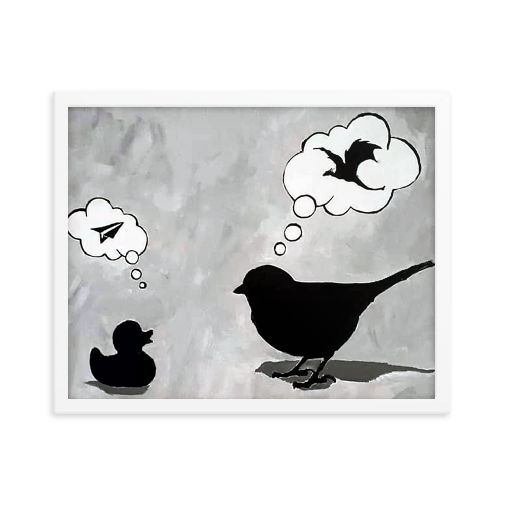 16x20 Framed print of a cartoon scene of a rubber duck imagining being a paper airplane and a real bird imagining being a dragon. Framed in white