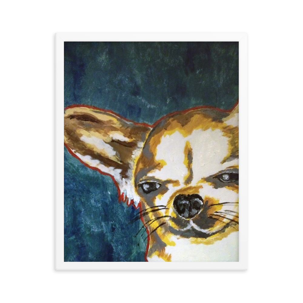 16x20 Framed print of a Chihuahua with blue green background. Framed in white