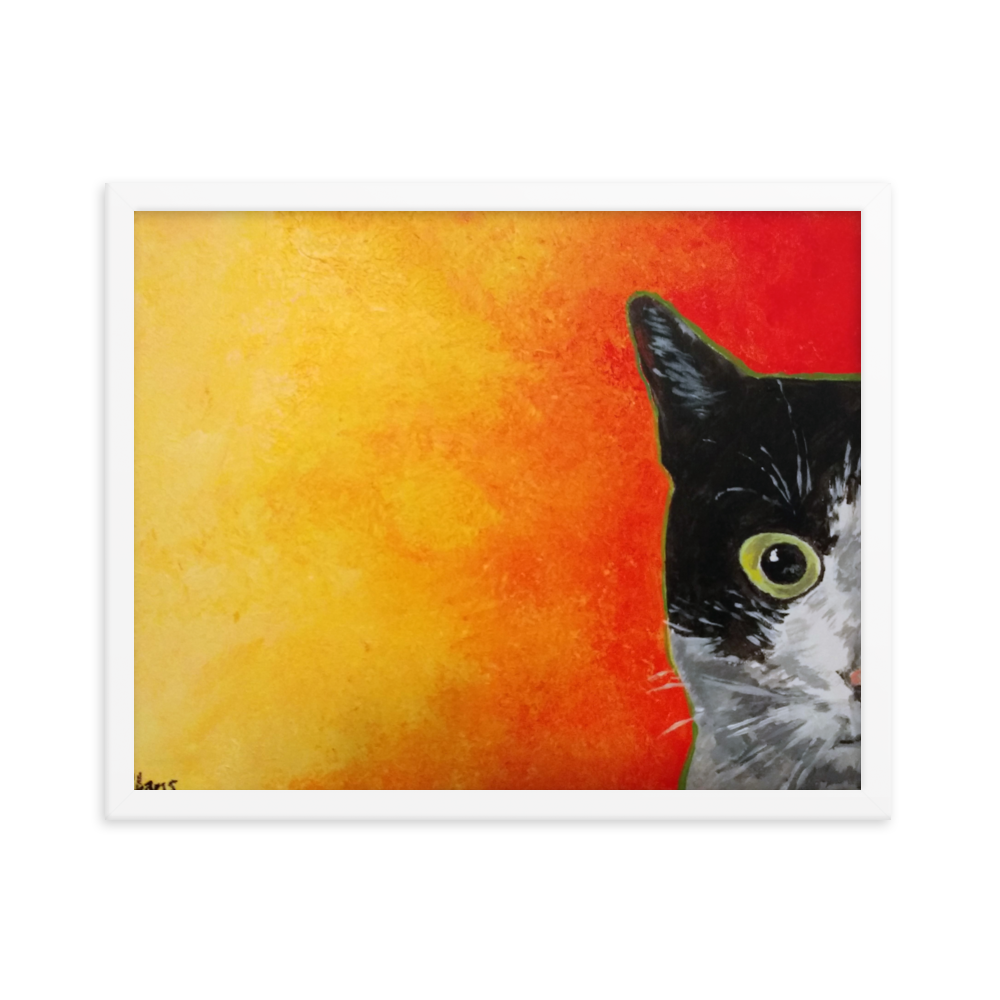 16x20 Framed print of a black and white cat with green eyes and a yellow to red faded background. Framed in white