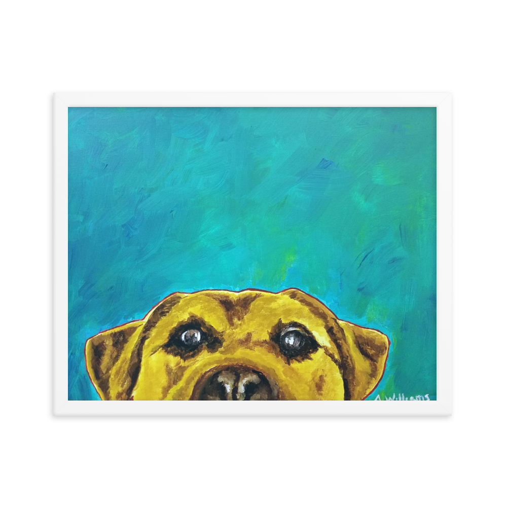 16x20 Framed print of a yellow lab with blue green background. Framed in white