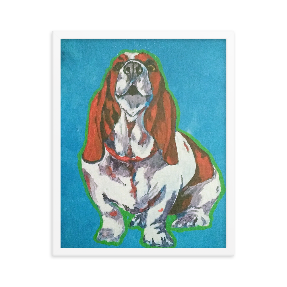 16x20 Framed print of a Basset Hound in front of a blue background. Framed in white