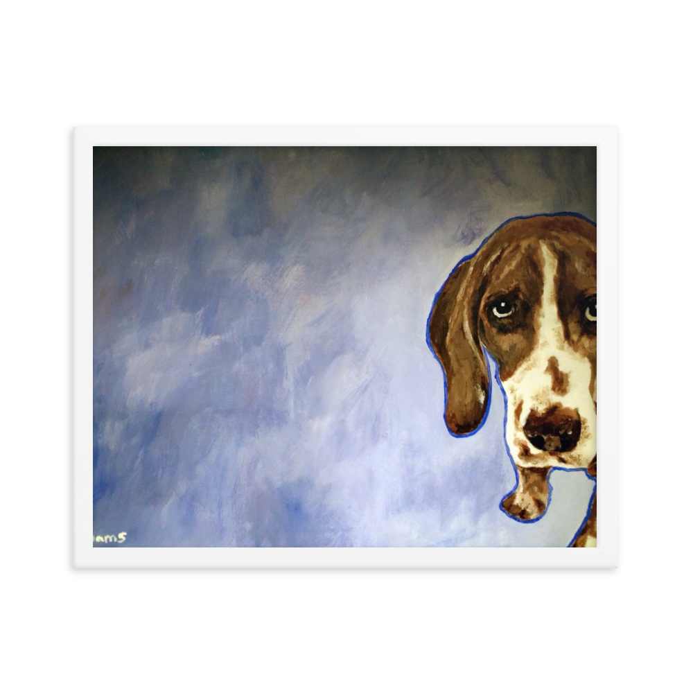 16x20 Framed print of a Hound dog in front of a blue background. Framed in white