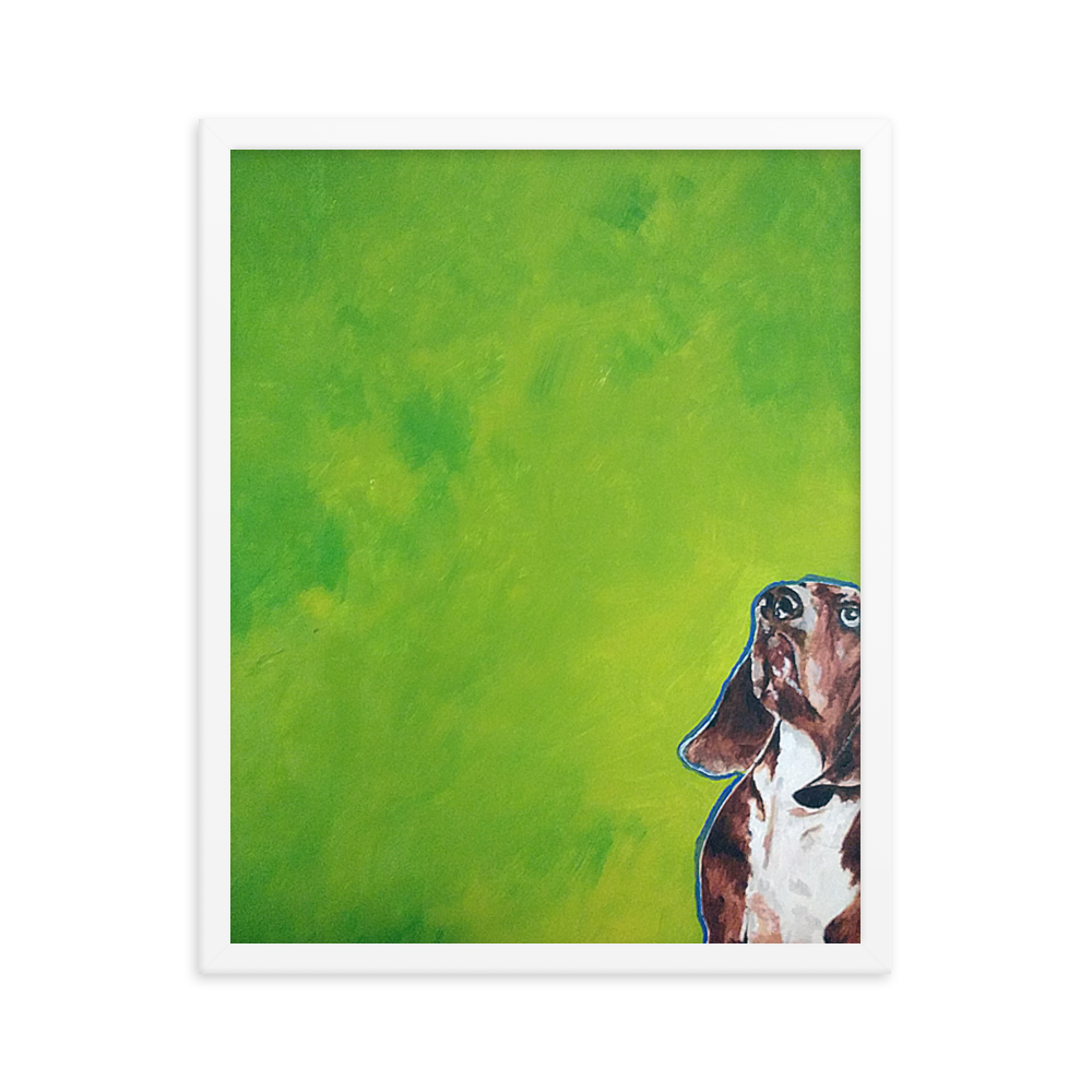 16x20 Framed print of a Basset hound painting with green background. Framed in white