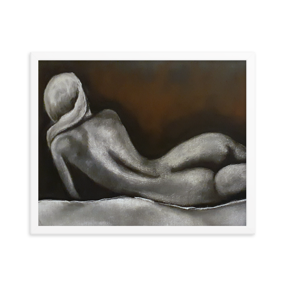 16x20 Framed print of a nude figurative painting of a woman on her side and facing away. Framed in white