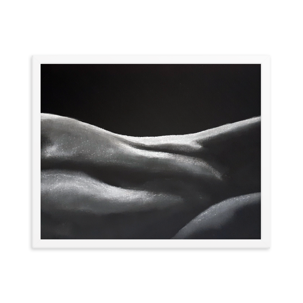 16x20 Framed print of a nude figurative painting of a woman's midsection. Framed in white