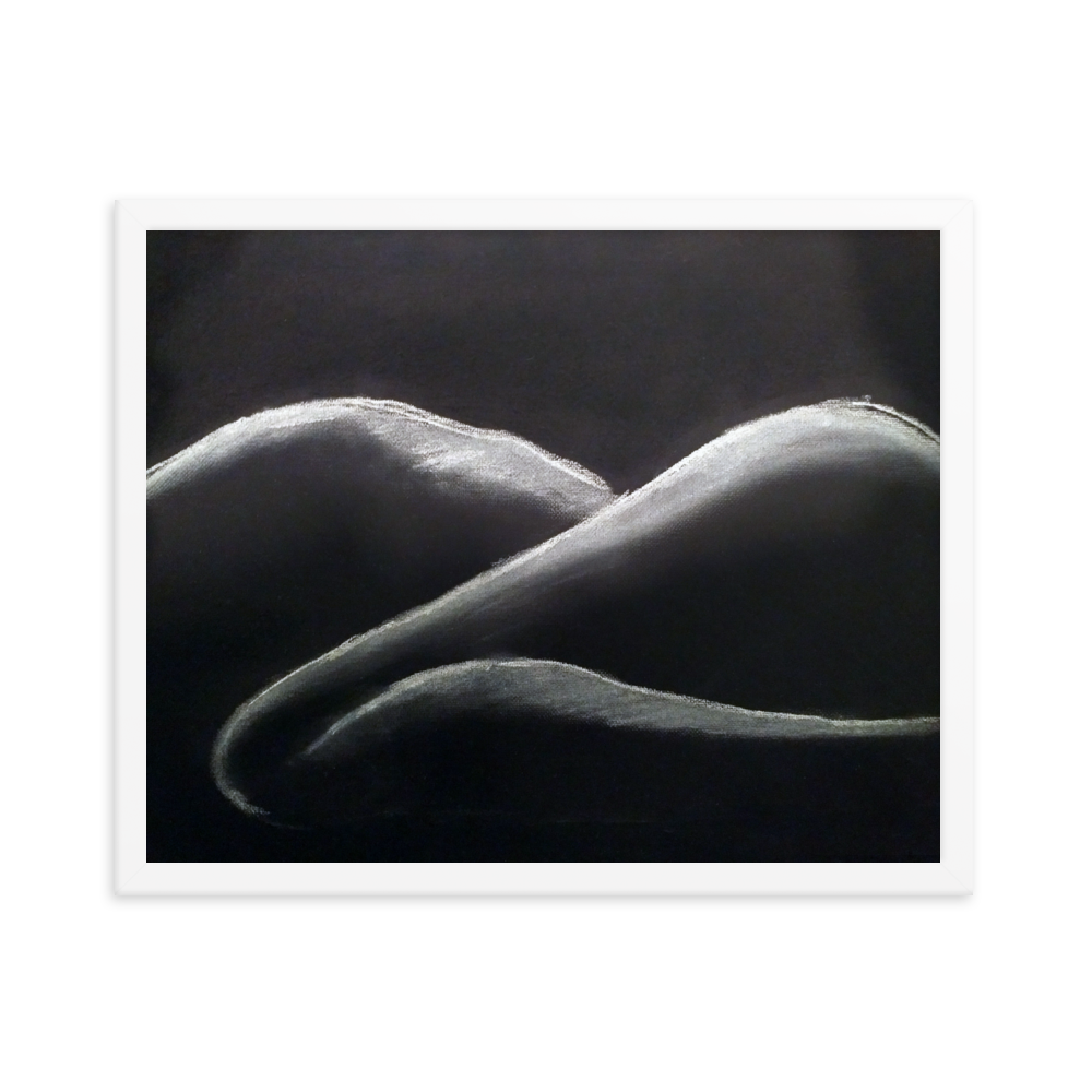 16x20 Framed print of a woman's figure in shadow, lying down. Framed in white