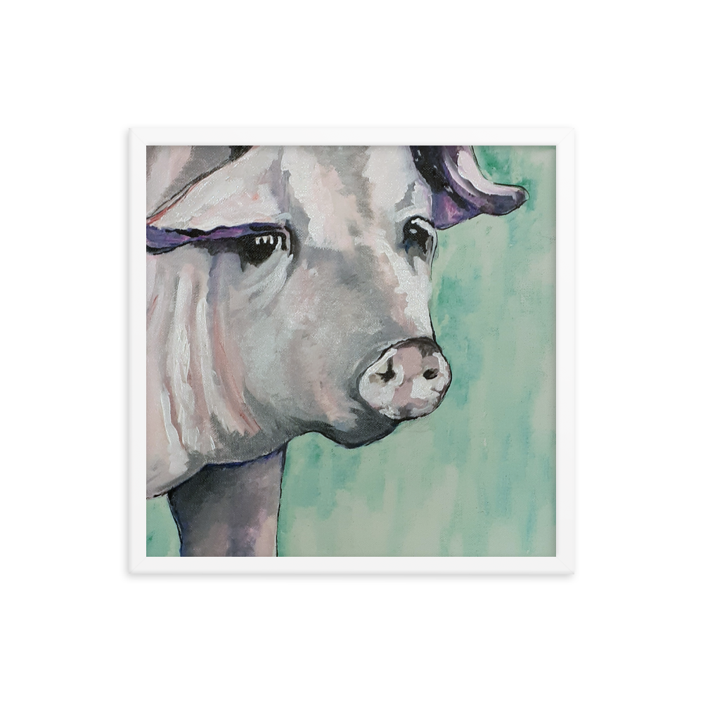 18x18 Framed print of a painting of a pig's face with a green background. Framed in white