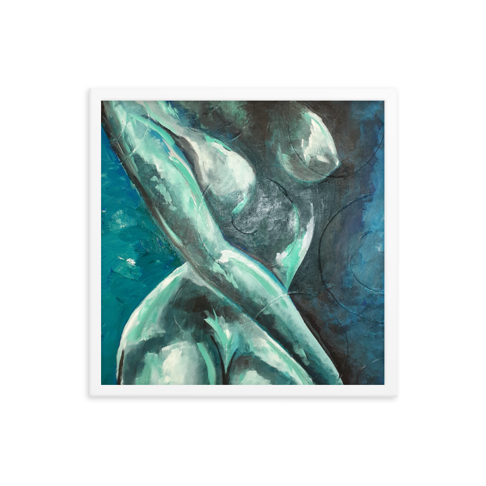 18x18 Framed print of a blue green nude figurative painting. Framed in white