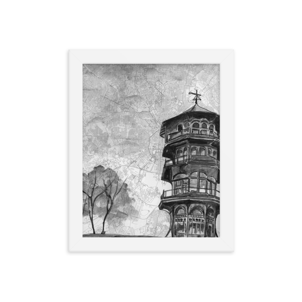 8x10 print of a painting of the Patterson Park Pagoda on a map of Baltimore. Framed in white