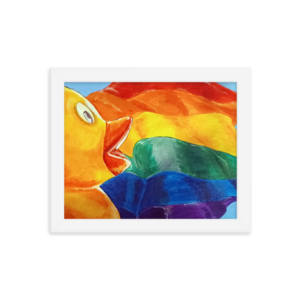 8x10 Framed print of painting of rubber duck profile in front of pride flag. Framed in white