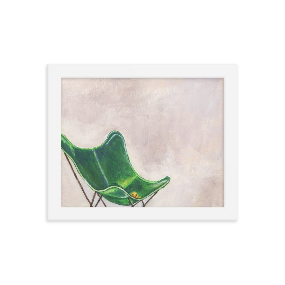 8x10 Framed print of a rubber duck sitting in a green butterfly chair. framed in white