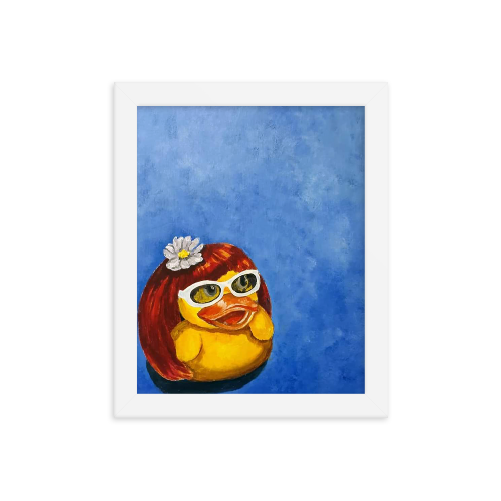 8x10 Framed print of a rubber duck wearing a wig with a white flower on top and white glasses. Framed in white