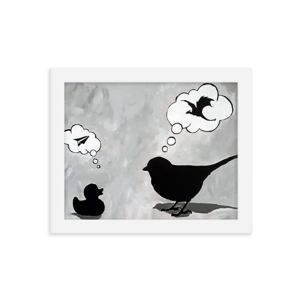 8x10 Framed print of a cartoon scene of a rubber duck imagining being a paper airplane and a real bird imagining being a dragon. Framed in white