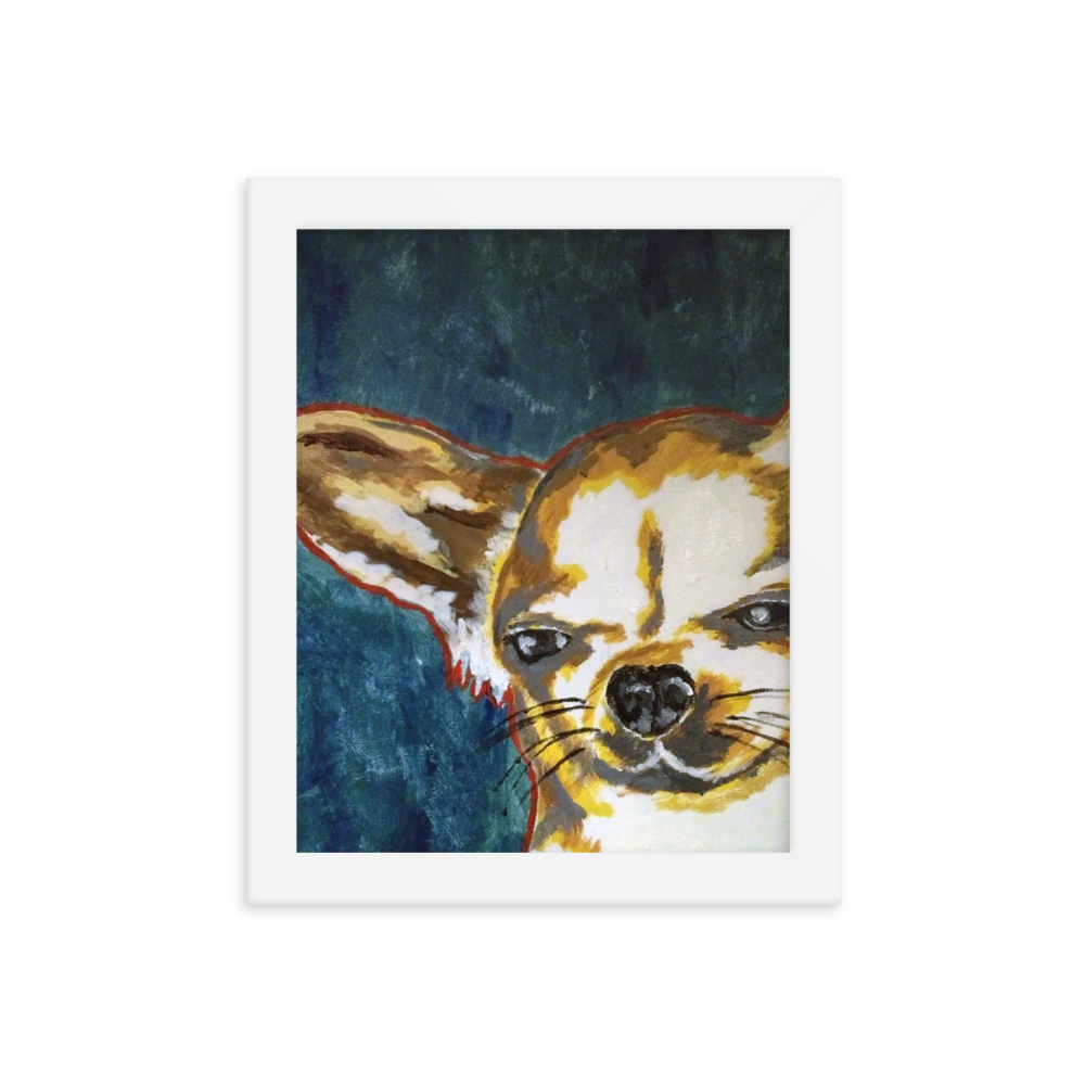 8x10 Framed print of a Chihuahua with blue green background. Framed in white