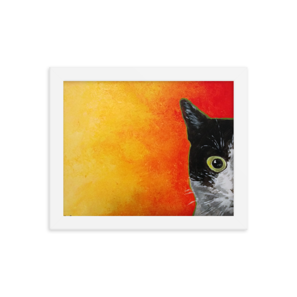 8x10 Framed print of a black and white cat with green eyes and a yellow to red faded background. Framed in white