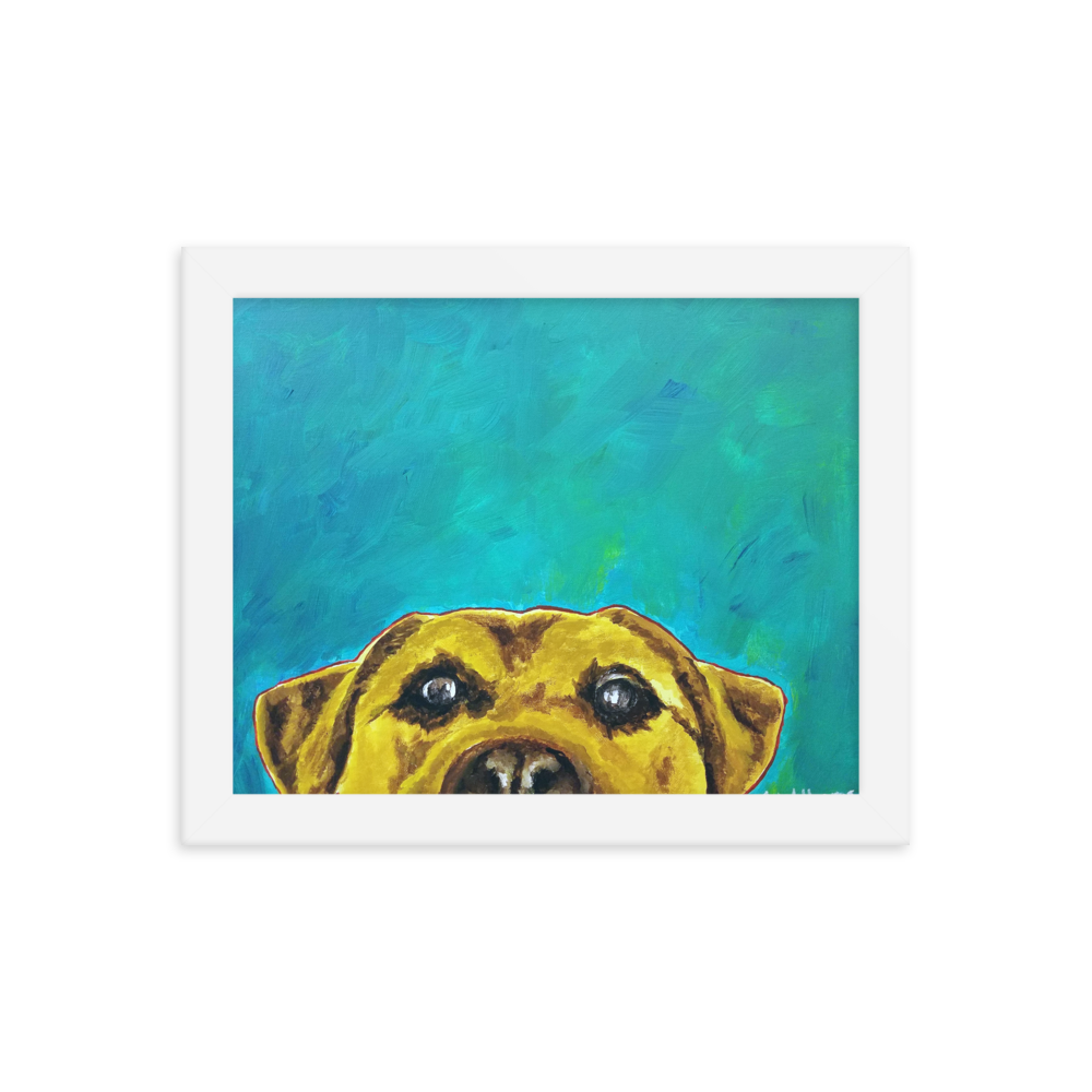 8x10 Framed print of a yellow lab with blue green background. Framed in white