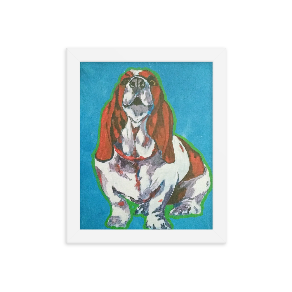 8x10 Framed print of a Basset Hound in front of a blue background. Framed in white