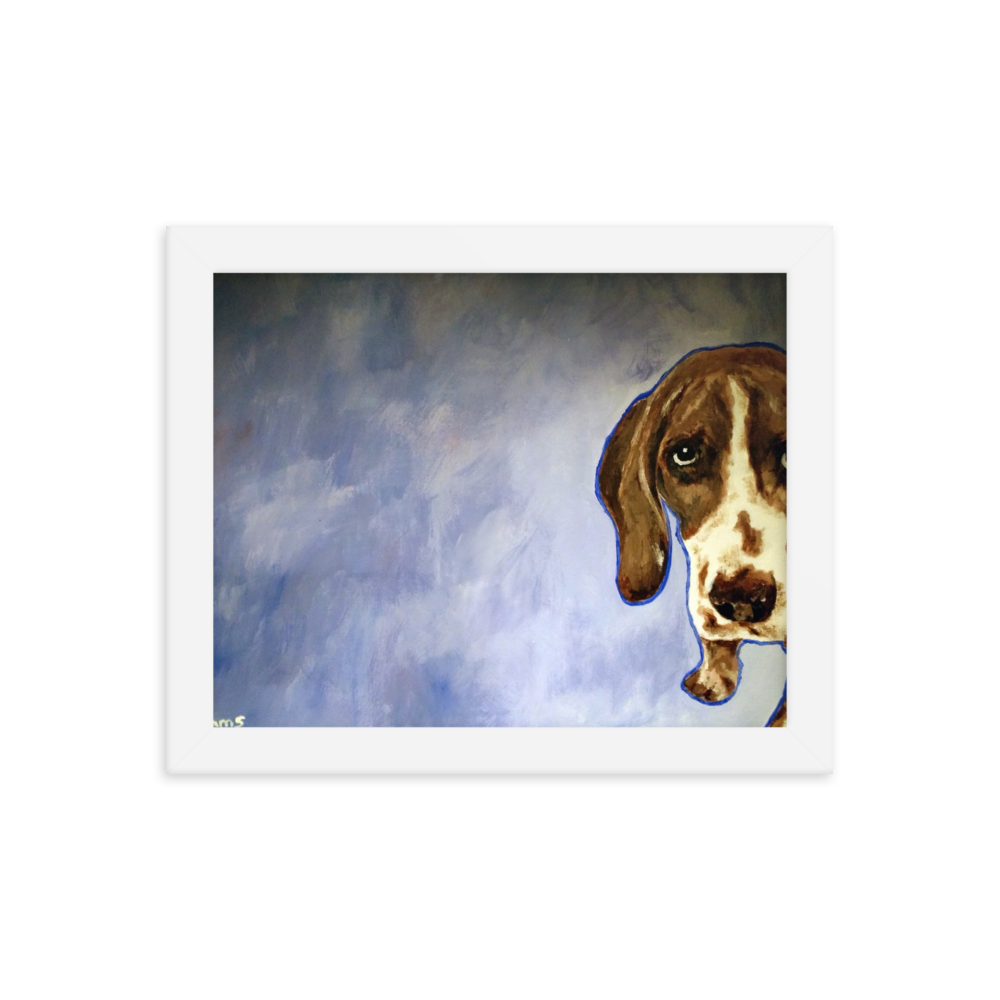 8x10 Framed print of a Hound dog in front of a blue background. Framed in white