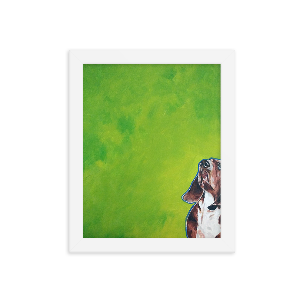 8x10 Framed print of a Basset hound painting with green background. Framed in white