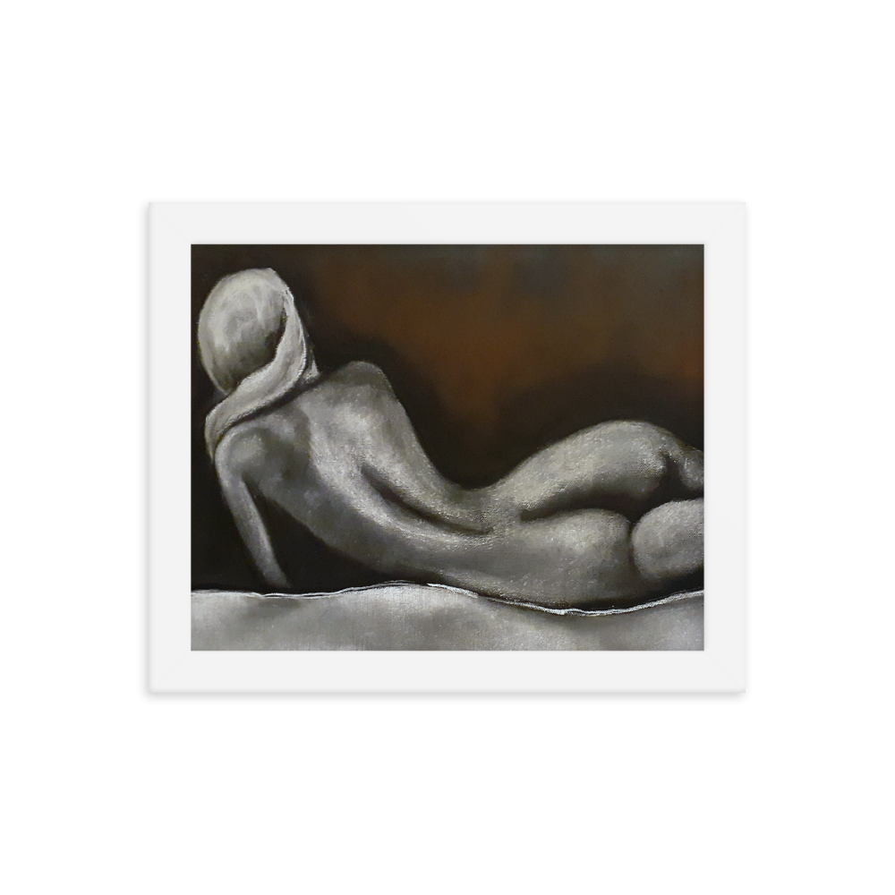 8x10 Framed print of a nude figurative painting of a woman on her side and facing away. Framed in white