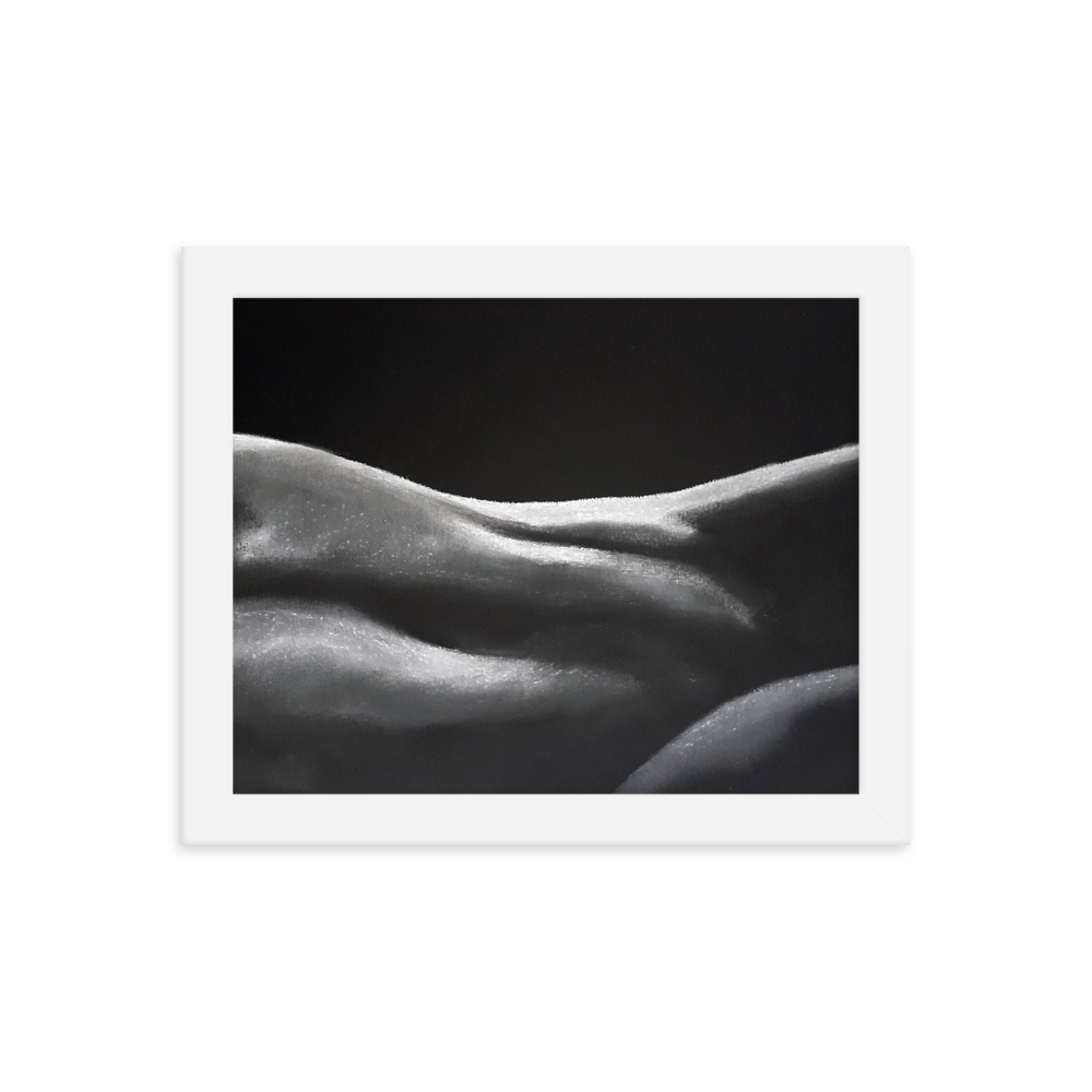 8x10 Framed print of a nude figurative painting of a woman's midsection. Framed in white