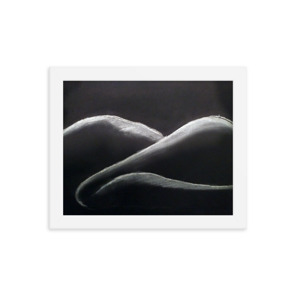 8x10 Framed print of a woman's figure in shadow, lying down. Framed in white