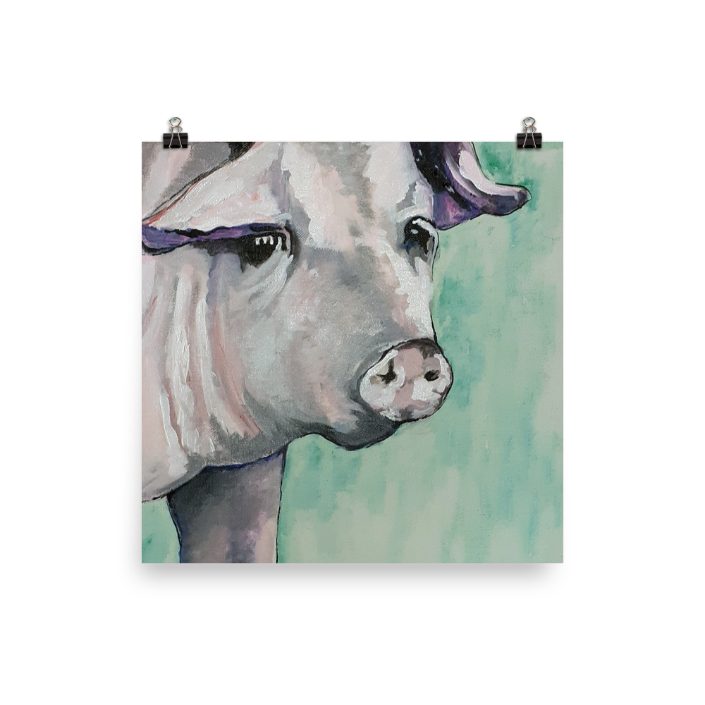 10x10 Framed print of a painting of a pig's face with a green background. Framed in white