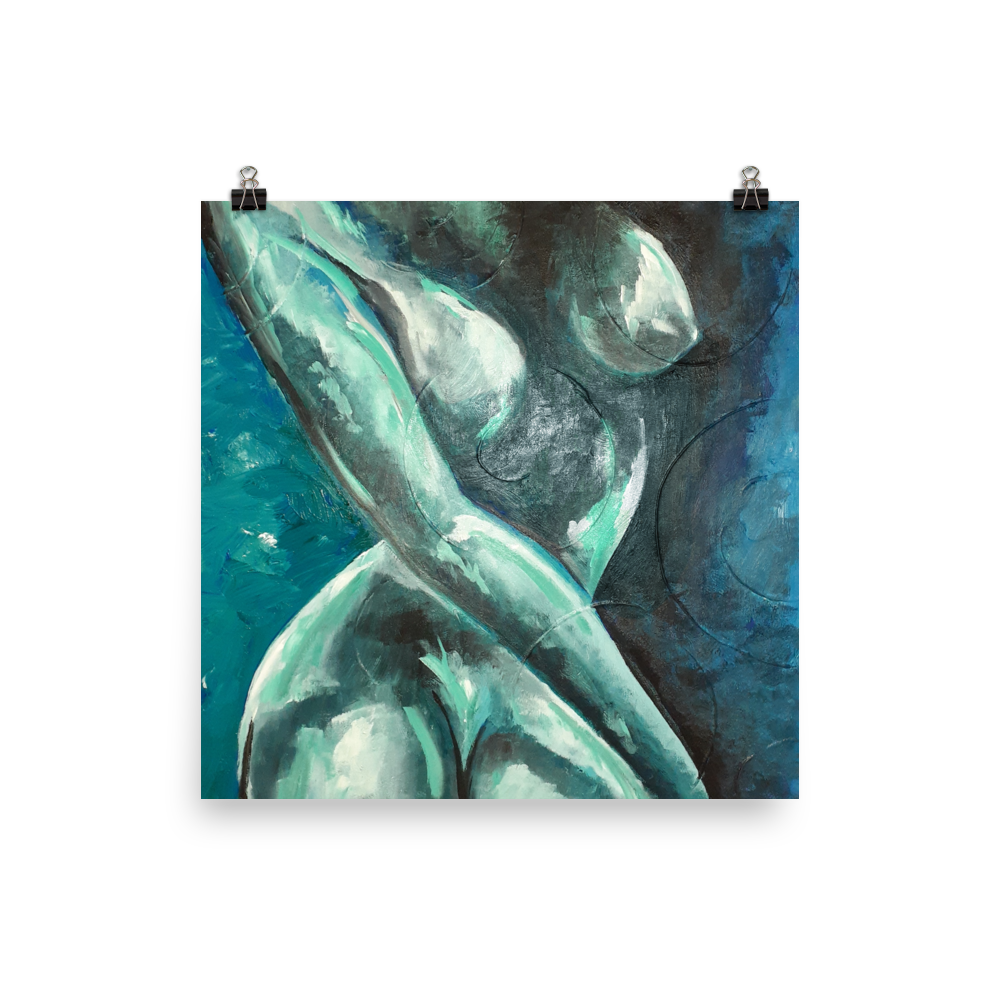 10x10 print of a blue green nude figurative painting