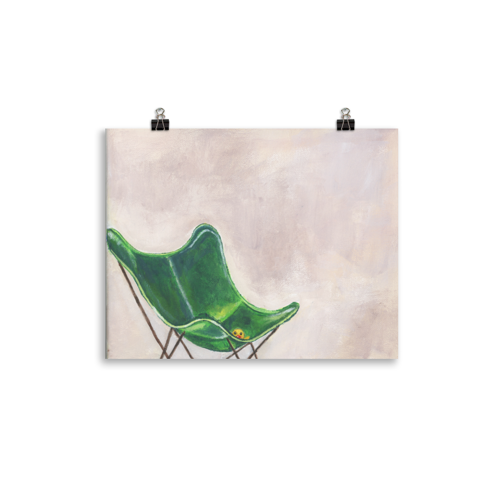 11x14 print of a rubber duck sitting in a green butterfly chair.