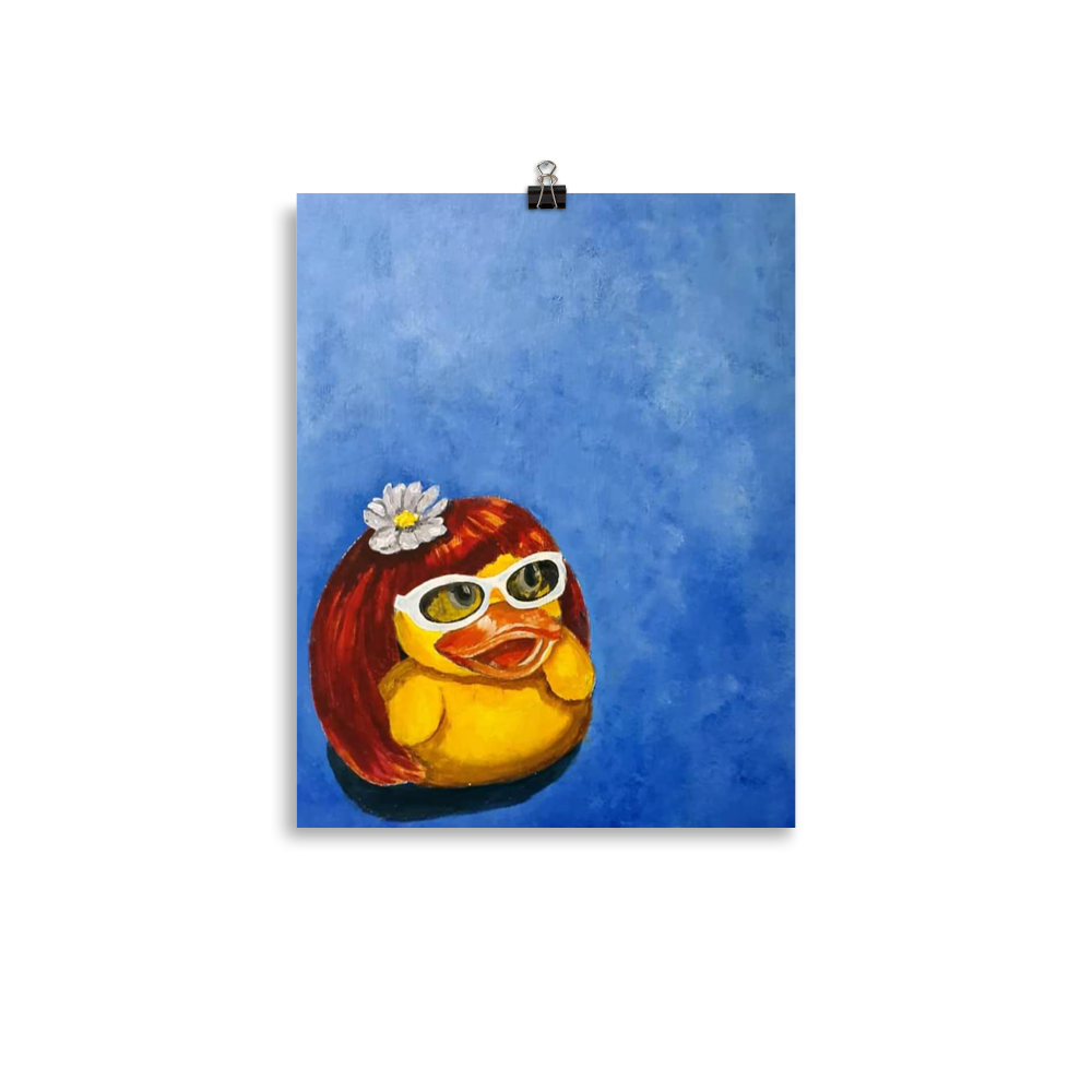 11x14 print of a rubber duck wearing a wig with a white flower on top and white glasses