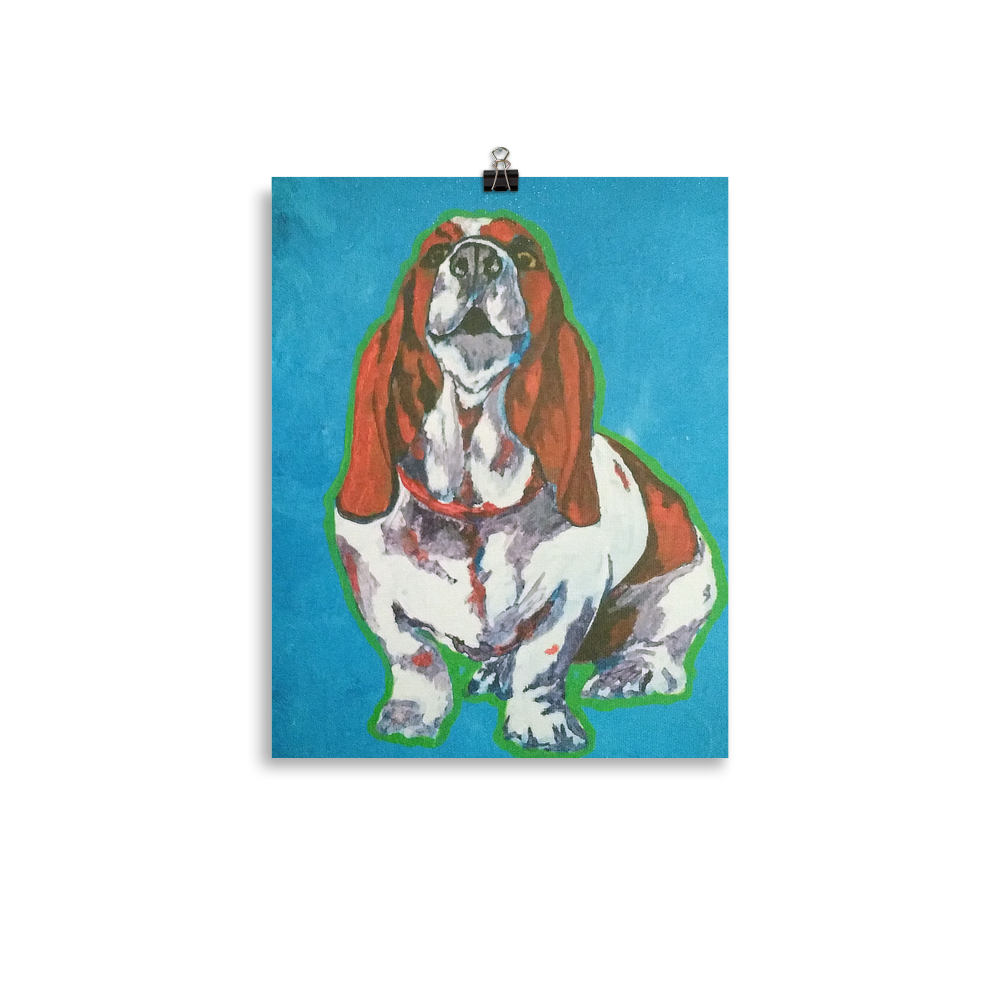 11x14 print of a Basset Hound in front of a blue background