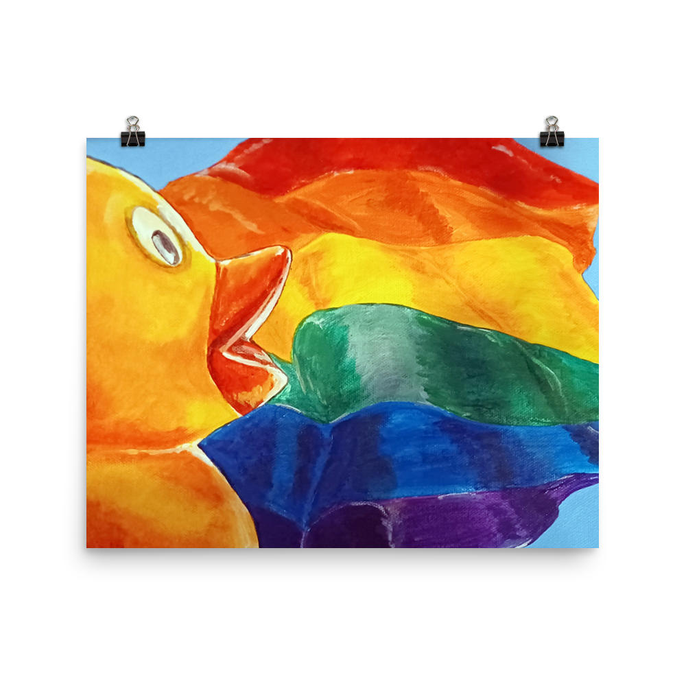 16x20 print of painting of rubber duck profile in front of pride flag. 