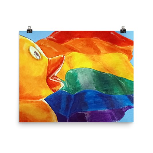 16x20 print of painting of rubber duck profile in front of pride flag. 