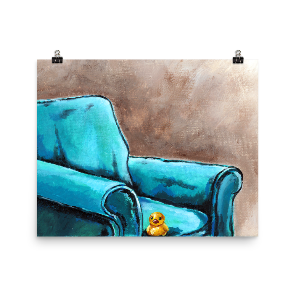 16x20 print of a painting of a rubber duck sitting in a blue arm chair.