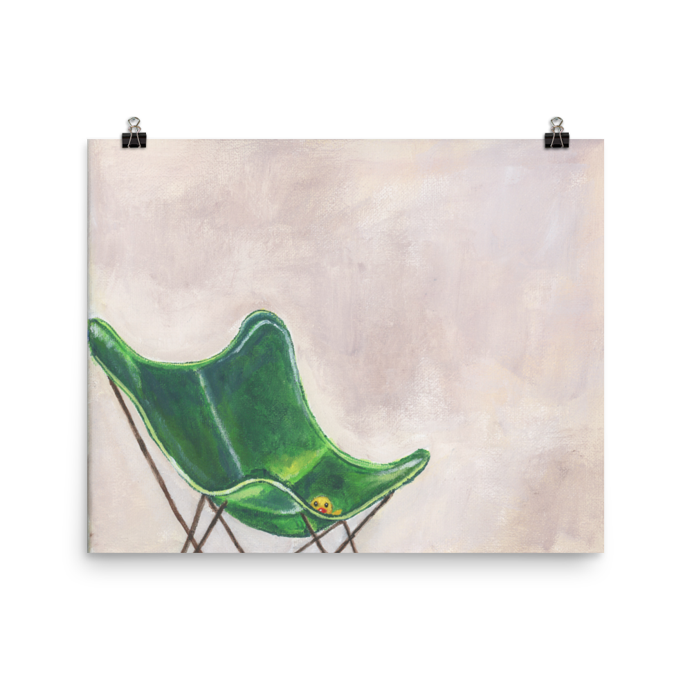 16x20 print of a rubber duck sitting in a green butterfly chair.