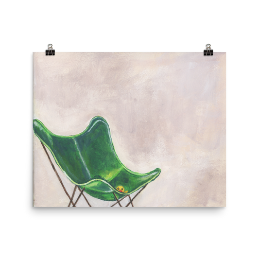 16x20 print of a rubber duck sitting in a green butterfly chair.