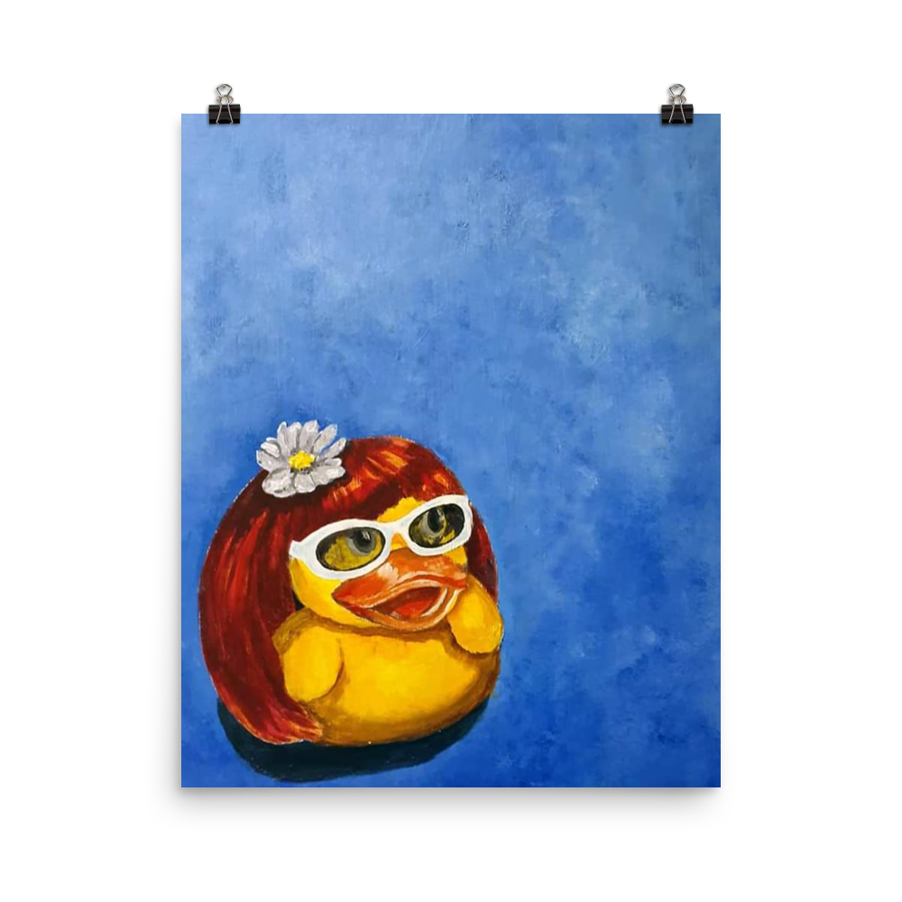 16x20 print of a rubber duck wearing a wig with a white flower on top and white glasses