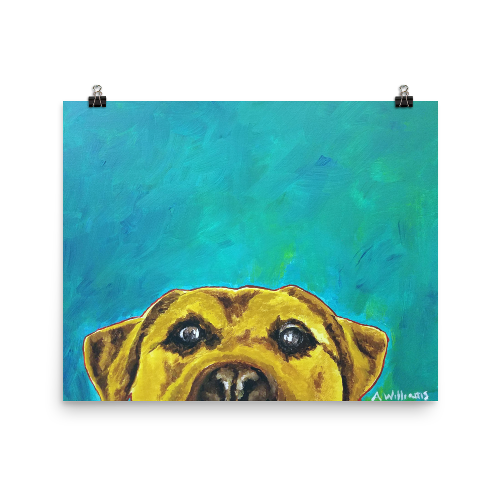 16x20 print of a yellow lab with blue green background