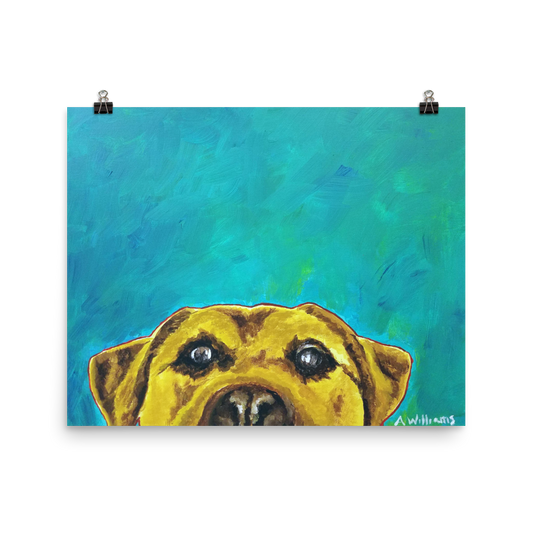 16x20 print of a yellow lab with blue green background