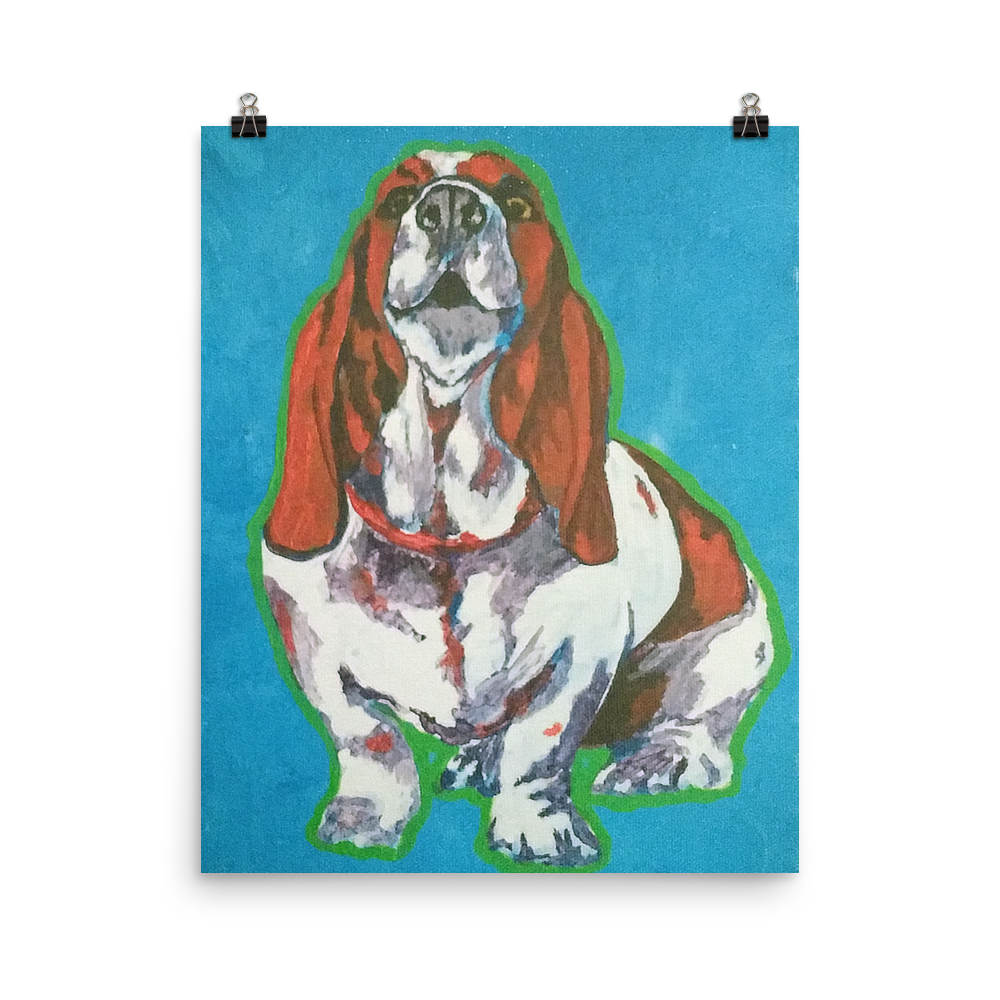 16x20 print of a Basset Hound in front of a blue background