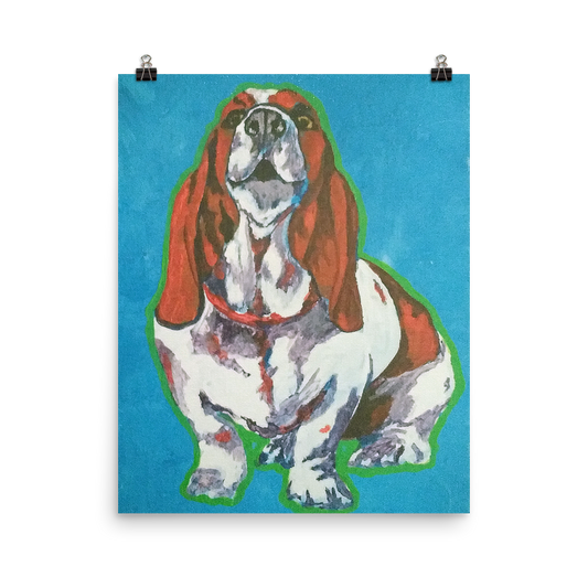 16x20 print of a Basset Hound in front of a blue background